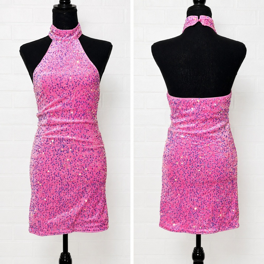 Womens Pink Sequin Halter Neck Bodycon Mini Dress Size XS Homecoming Y2K Party